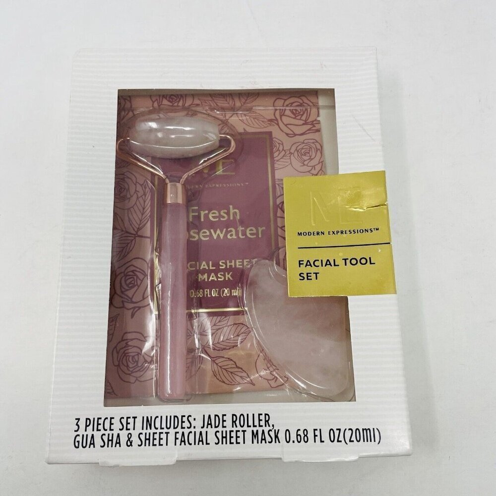 Modern Expressions 3 Piece Facial Tool Set Jade Roller Gua Sha & Sheet‎ Mask